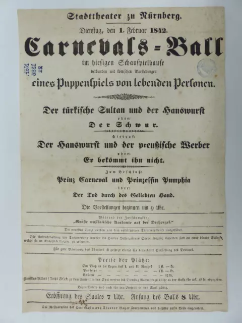 Extrem Seltenes Original Plakat Stadttheater Nürnberg Karnevals Ball 1842