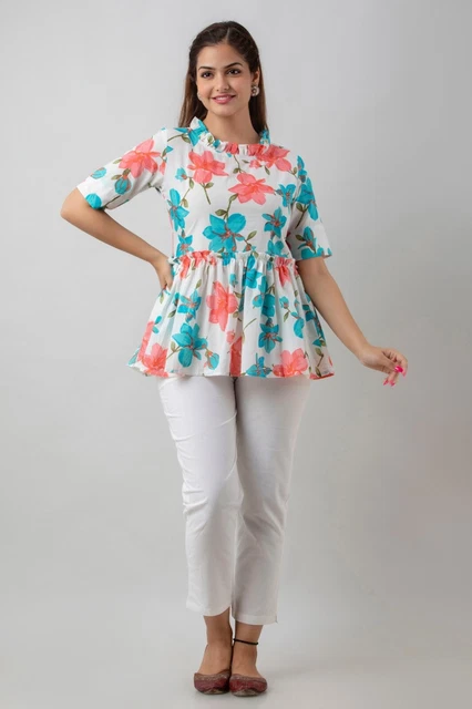 Women's Pure Cotton Printed Hip Length Formal Tops KRT045MULTICOLOUR