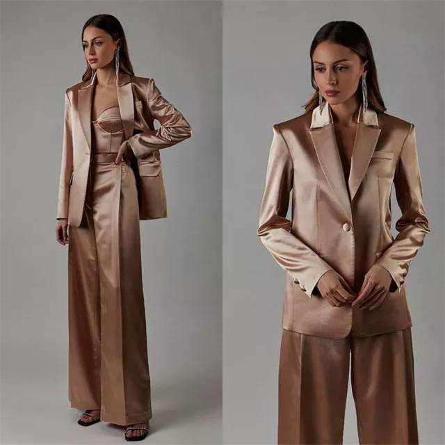 Satin Women Suit 2 Pcs Business Single Breasted Casual Party Silk Ladies Outfit