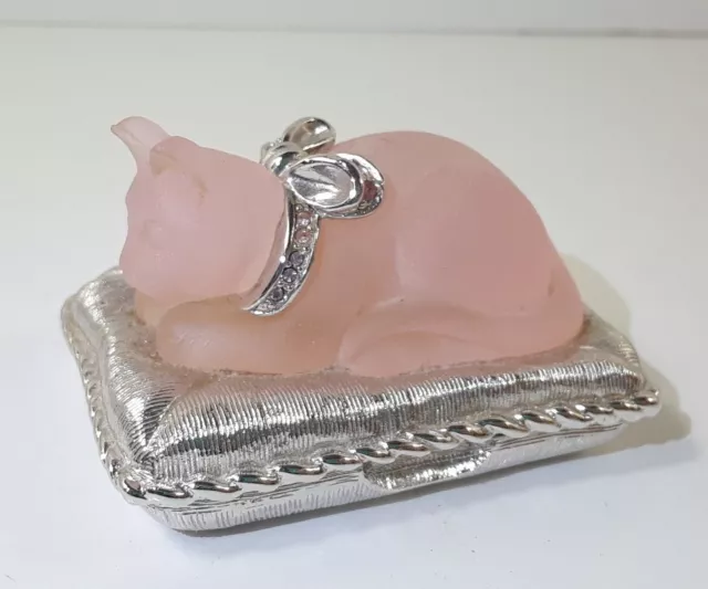 Estee Lauder Frost Pink Cat Solid Perfume Compact Silver Tone Vintage 1995