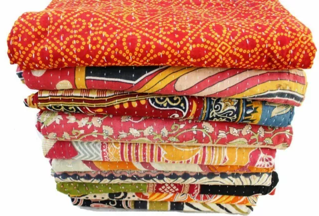 Vintage Kantha Quilt Reversible Throw Gudri Wholesale Handmade Indian Lot 15 pcs