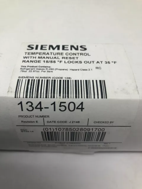 Siemens 134-1504 Temperature Control w/Manual Reset Range 15/55F Locks Out 36F