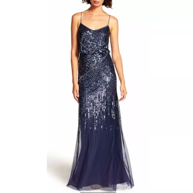 Adrianna Papell Sequins Beaded Sheer Cocktail Evening Ball Dress Navy Blue 6