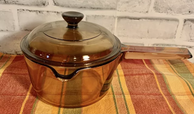 Corning Ware Vision Amber Glass Cookware 1L Sauce Pot Pan Pyrex With Lid