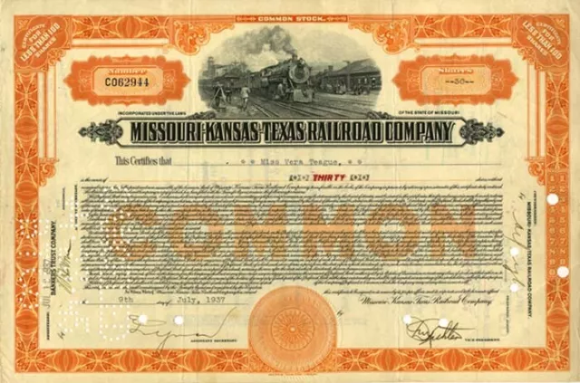 Missouri-Kansas-Texas Railroad Company - Stock Certificate (Blue)