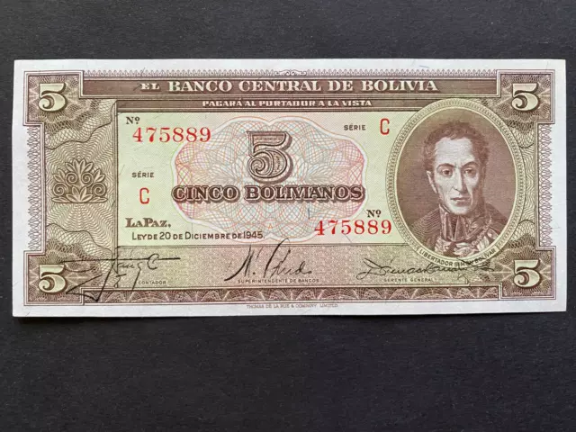 BOLIVIA, 1945, Billete Banco Central de Bolivia, CINCO BOLIVIANOS, Serie C, Unc