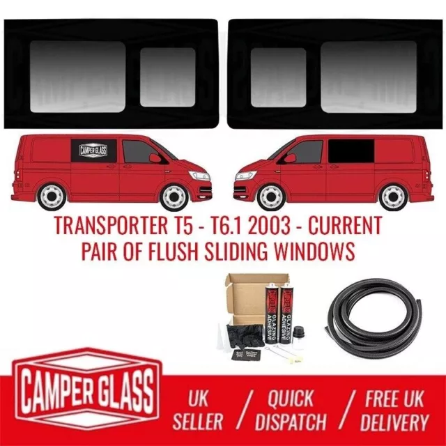 VW Transporter T5-T6.1 Pair of FLUSH Sliding Privacy Windows 2003-Cur & Fit Kit