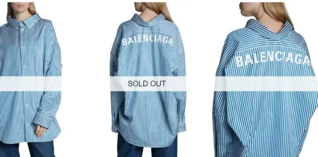 NWT AUTHENTIC BALENCIAGA Logo-Back Satin Striped Poplin Swing Shirt 34