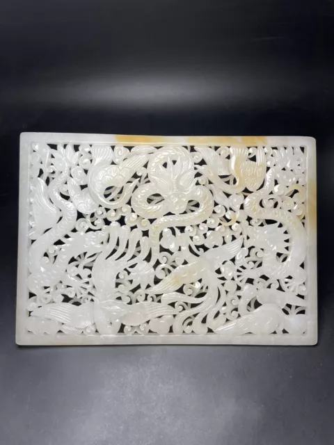 Chinese Exquisite Handmade Dragon Phoenix carving Hetian Jade Statue Plate