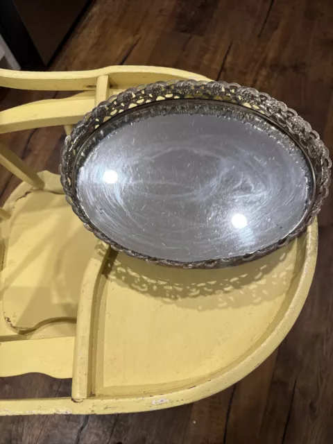 Vintage Mid Century Oval Mirror Tray Perfume Vanity Dresser Gold Filigree