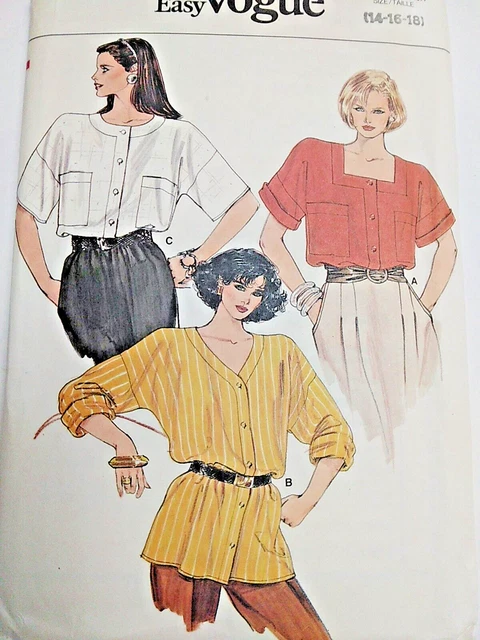 Top Camisa Muy Suelto 14 16 18 Vogue 9191 Patrón de Costura Muy Fácil UC Vtg 80s