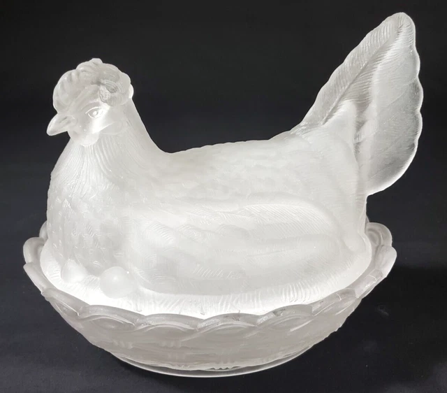 Large Clear Frosted Glass Hen On Nest Covered Candy Dish Split Tail