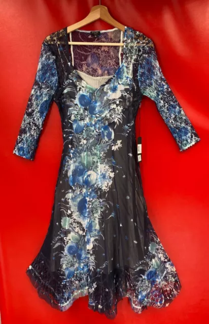 Komarov Blue Floral Print Charmeuse 3/4 Sleeve Sheer Asymmetric Hem Dress M NWT