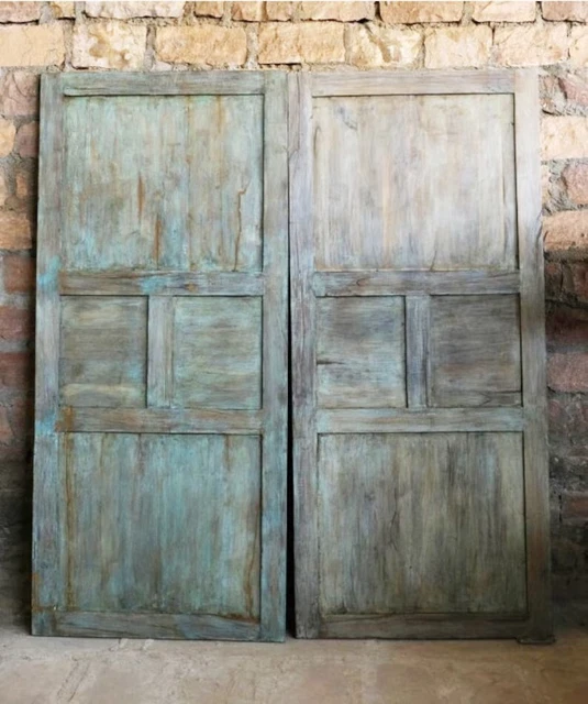 Vintage Carved Barn Door, Reclaimed Wood India Artistic Blue Sliding Door, 80x36 7