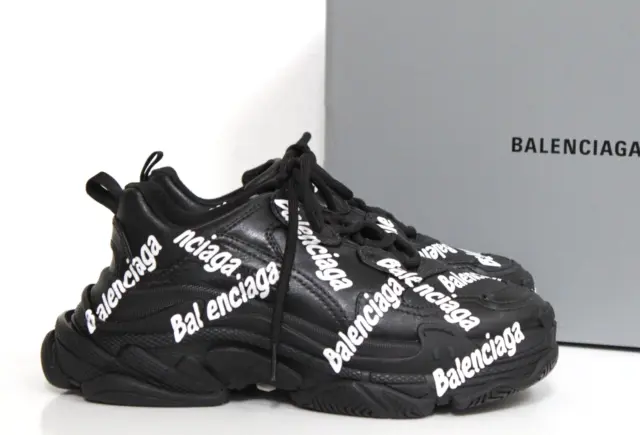 New sz 8 US / 38 BALENCIAGA Triple S Black Leather Trainer Sneaker Womens Shoes