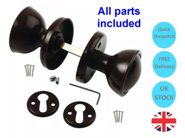 Plastic Pair of Round Ball Mortice Rim Door Knobs Handles Black, Brown or White