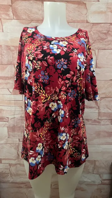 D&CO Womens Top Short Sleeve Red Floral Blue Stretch T Shirt Tee Sz XL NWOT