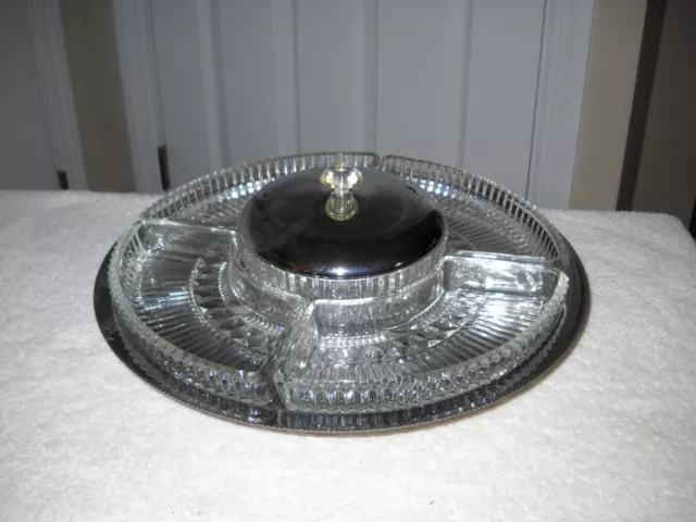 Vintage Glass & Chrome Lazy Susan Relish Tray Set, Mid Century, Good Condition