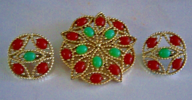 Sarah Coventry Beaded Flower Pin Brooch & Earring Set Colorful Vintage