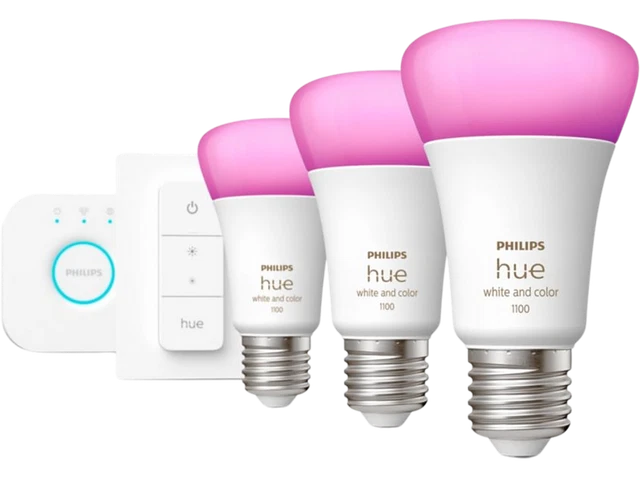 Kit de Philips Hue E27, 3 bombillas, Interuptor inteligente, Hue Bridge, LED