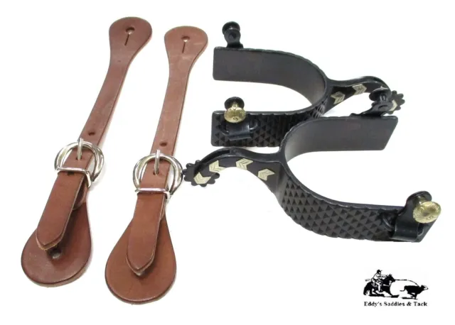 Punchy Cowboy Black Steel Rasp Spurs 1-1/4" Bands and Leather Strap Set New