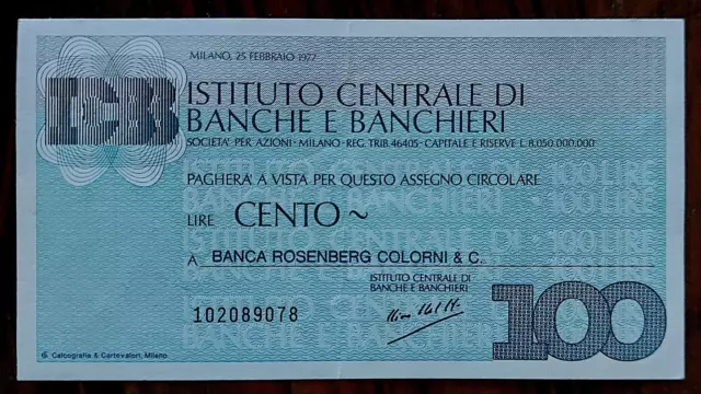 Mini Assegno Istituto Centrale Di Banche E Banchieri Cento Lire 100  Miniassegno