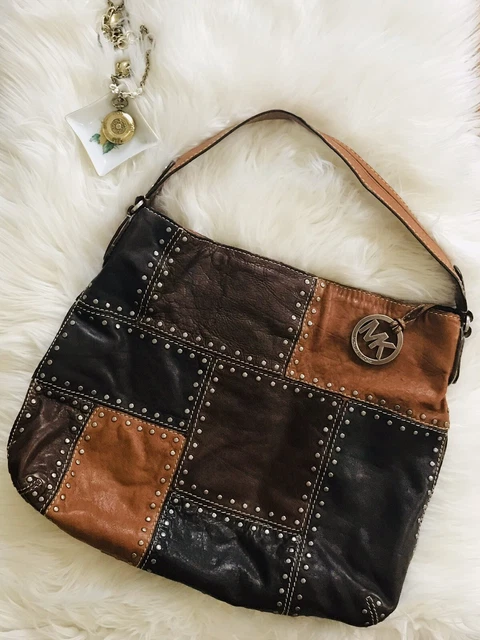 Michael Kors Astor Studded Patchwork British Tan Caramel Brown Leather Hobo Bag