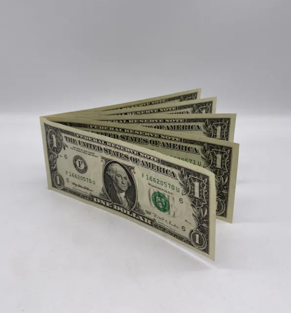 Five Connected 1 Dollar Bills Consecutive Serial Numbers Genuine US Currency