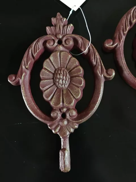 Pair Cast Iron Wall Hook Coat Towel Hanger Red Distressed 7”X5” Made In USA NEW 2