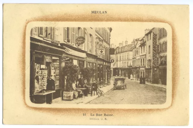 Cpa Meulan La Rue Basse - Postcard Merchant - Cafe