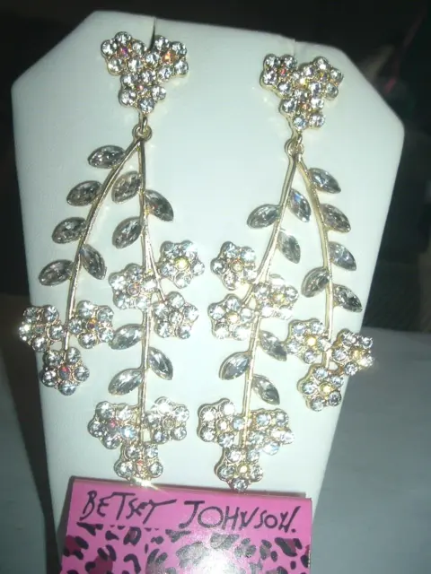 LONG GOLD CLEAR Pave Crystal Flowers Leaves Betsey Johnson Pierced ...