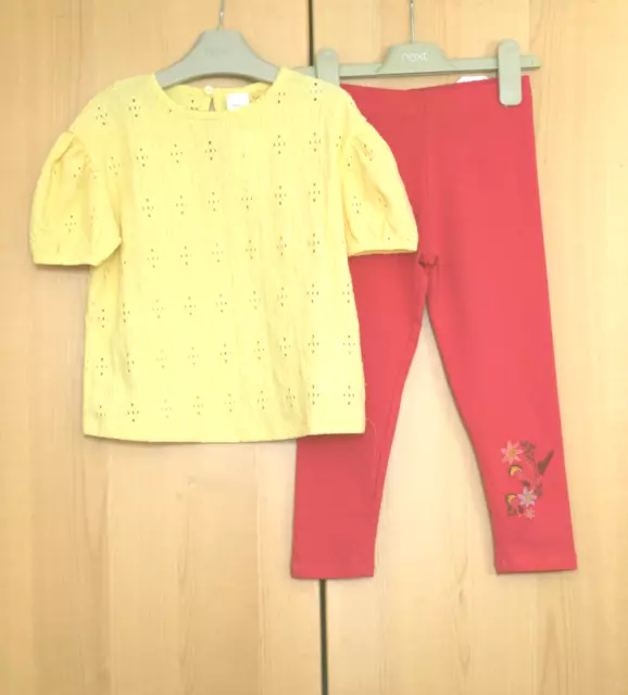 Next Girls Yellow Broderie Top & Pink Leggings Age 3- 4 Years BNWT