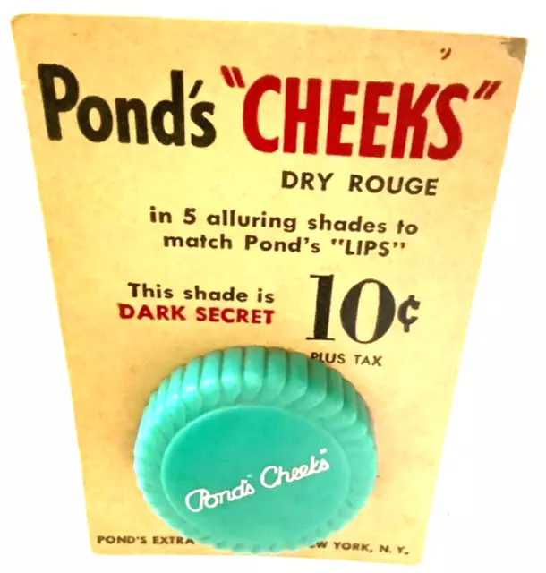 💋 1940s PONDS CHEEKS Dark Secret ROUGE & SIGNED  PUFF on CARD Vintage NOS 💋