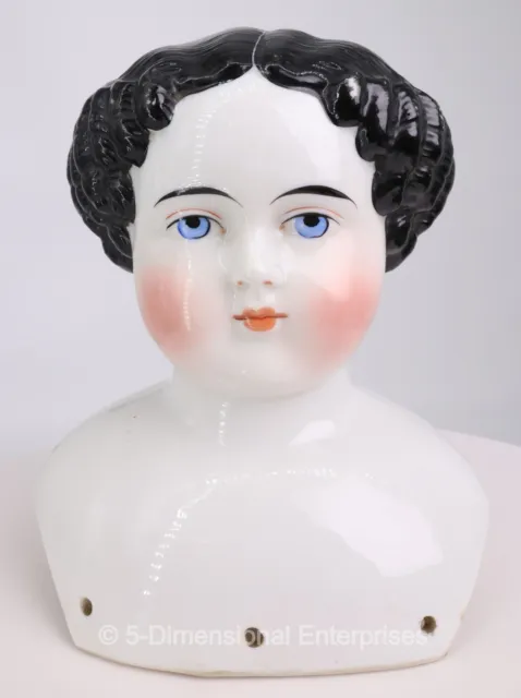 Antique Civil War 1860s 6 1/4" German Porcelain Doll Head Flat Top Black Hair