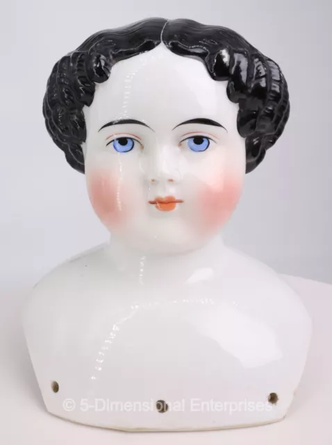 Antique Civil War 1860s 6 1/4" German Porcelain Doll Head Flat Top Black Hair