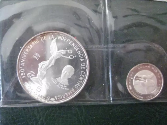 El Salvador 1971 1 & 5 Colon silver  Proof set 150 Years Independence  COA