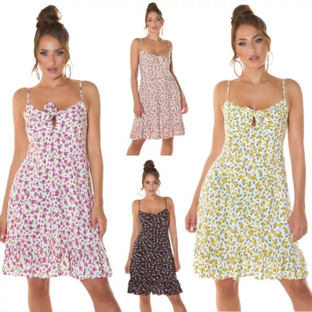Mini abito donna floreale con nodo trendy ginocchio svasato spalline sottili new