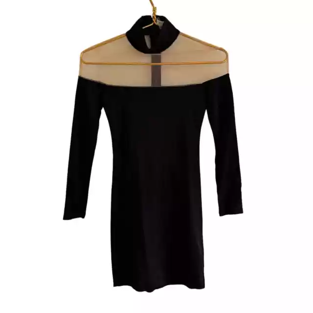 Alice + Olivia Zahra Black Mesh Panel Long Sleeve Mock Turtleneck Mini Dress