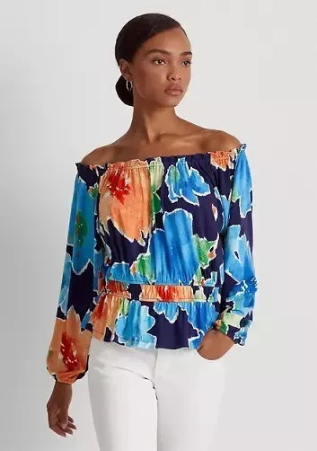 Ralph Lauren Floral Top Women's Size L Multicolor Ruffle Peplum Off the Shoulder