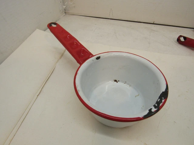 Vintage Red & White Enamelware Scoop, Ladle Cup Farmhouse Rustic #1