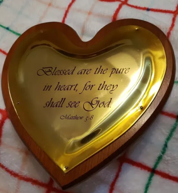 VINTAGE WOOD BRASS HEART "BLESSED ARE THE PURE IN HEART" WALL PLAQUE MCM HomecoB