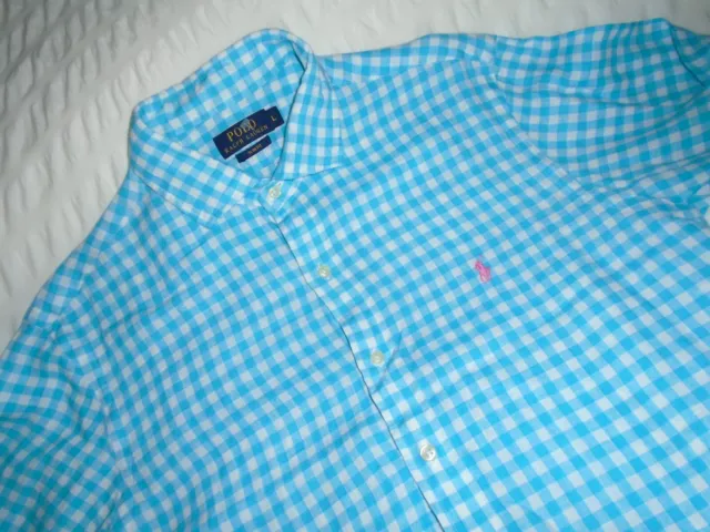 New Ralph Lauren Polo Designer Men's Aqua Gingham Check Linen Shirt Size Large