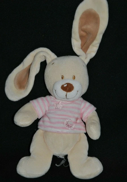 Peluche Doudou Lapin NICOTOY Beige Pull Rose Rayé Lune Etoile 23/34 Cm TTBE