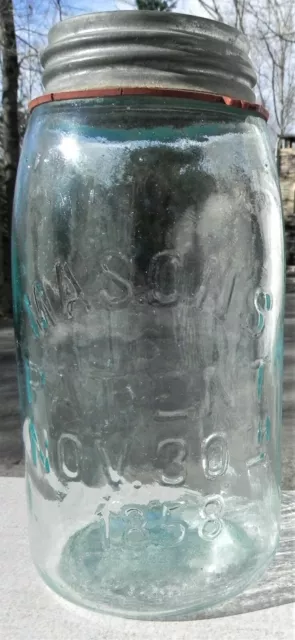  Mason's Patent Nov. 30th 1858 Quart Ground Lip Jar - Wavy Aqua Glass - Zinc Lid