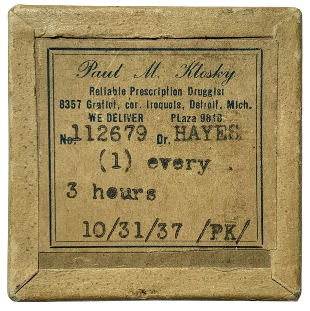 1937 Prescription Dr. Hayes - Paul Klosky Druggist Gratiot & Iroquois St Detroit