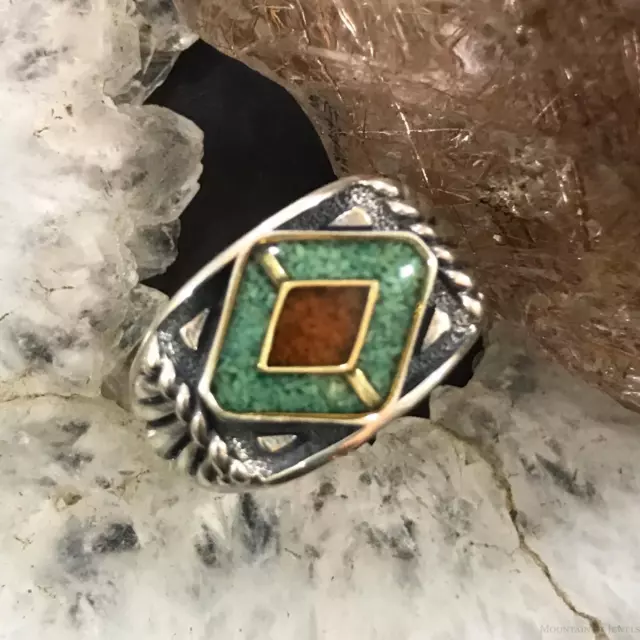 Carolyn Pollack Sterling Green Turquoise & Coral Chip Inlay Ring Sz 9 For Women