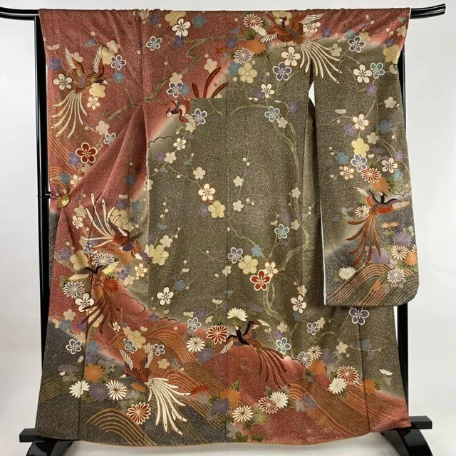 Woman Japanese Kimono Furisode Silk Bird Bird Branch PlumBlossom Gold Thread Red