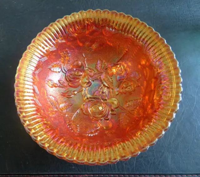 Vintage retro footed Carnival glass 3D roses small fruit bonbon bowl