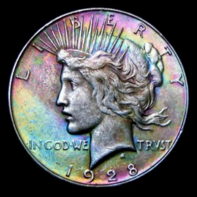 1928-S Peace Silver Dollar: Xf±  Pastel Kaleidoscope Rainbow Toning: Pq+