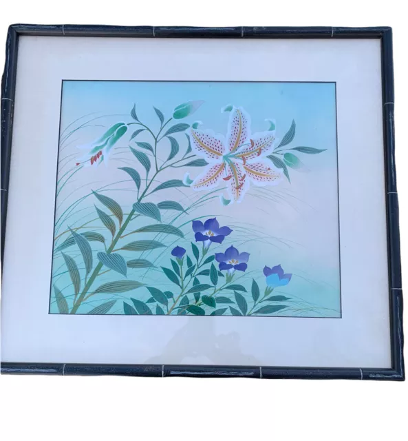 Original Watercolor Painting 21x23 Framed Floral Lily Vivid Asian Vintage